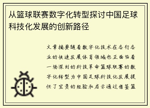 从篮球联赛数字化转型探讨中国足球科技化发展的创新路径