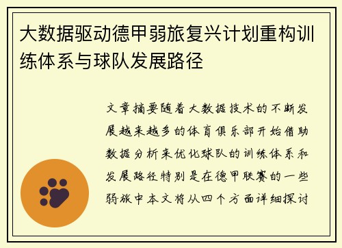 大数据驱动德甲弱旅复兴计划重构训练体系与球队发展路径